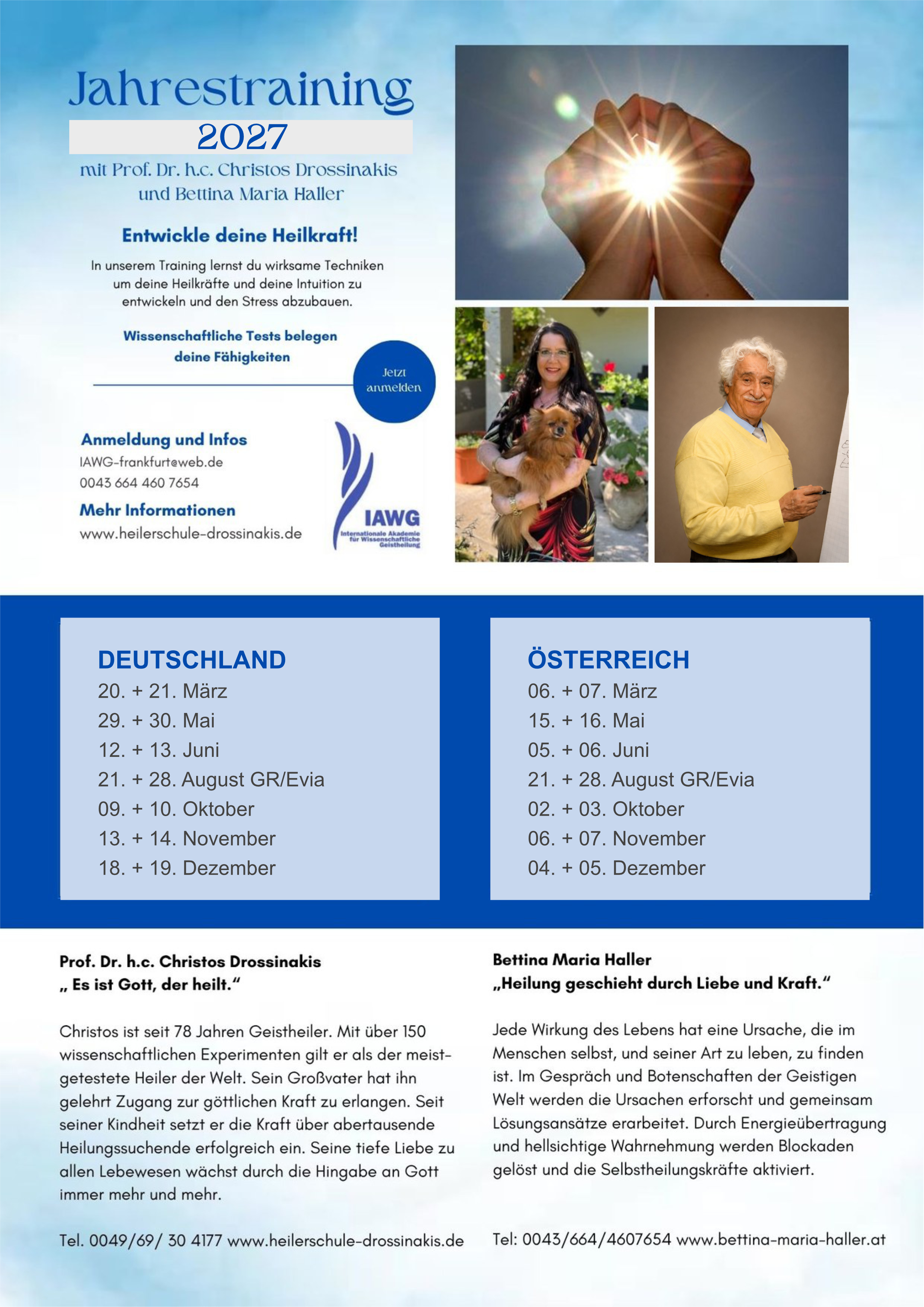 Flyer Jahrestraining 2027 der IAWG mit Prof. Dr. h.c. Christos Drossinakis und Bettina Maria Haller, mit allen Terminen für Deutschland und Österreich.